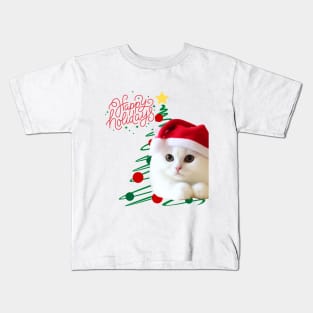 White cat in Santa Hat happy Holodays ,Brafdesign Kids T-Shirt